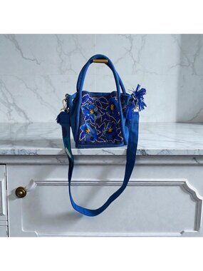 AMERICA & BEYOND Blue Beaded Floral Satchel Crossbody Bag